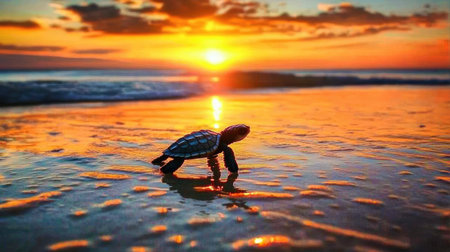 Silhouette of a baby sea turtle on the beach during a stunning sunset, with warm colors reflecting on the water.の素材