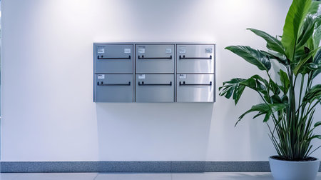 Slimline silver mailbox with lockable compartments, set against a bright white wall for a high-end look.の素材