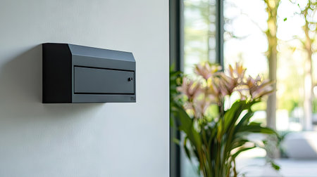 Sleek black modern mailbox mounted on a white wall with clean lines, blending into a contemporary setting.の素材