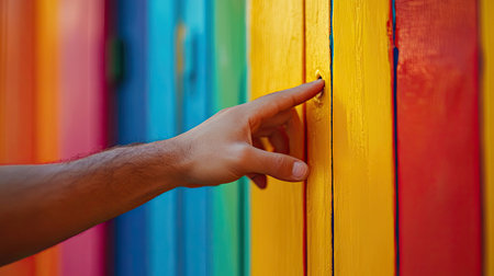 Young man's hand ready to knock on a brightly painted door, slight focus on the hand with blurred background.の素材