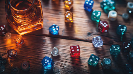 Top-down view of colorful dice and game tokens scattered on a table, setting a fun and casual mood.の素材
