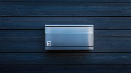 Silver metallic mailbox with modern lines and a lockable slot, set against a dark wooden wall.の素材