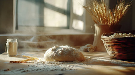 Soft light on a rustic table with raw wheat dough and scattered flour, ready for kneading and baking.の素材