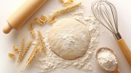 Top view of raw wheat dough on a flour-dusted surface, wooden rolling pin and whisk nearby.の素材