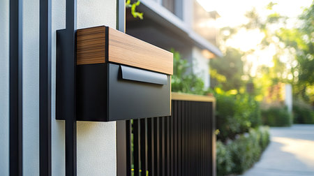 Two-tone modern mailbox in black and wood finish, mounted on the entrance gate of a stylish home.の素材