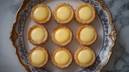 Top view of egg custard tarts on a ceramic platter, each with a perfect golden crust and creamy filling.の素材