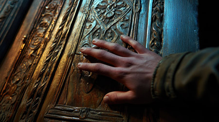 Young man's hand positioned for a knock on a vintage-style door with ornate wood carvings, dim lighting.の素材