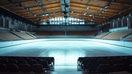 An empty ice rink surrounded by seats, the stillness and smooth ice evoking a sense of calm.の素材