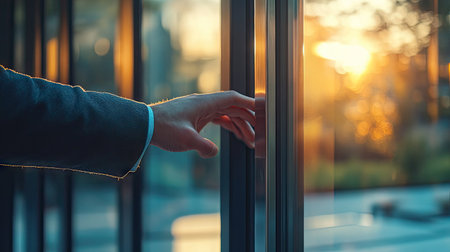 Young man's hand about to knock on a sleek, modern glass door with metal trim, reflecting outdoor light.の素材