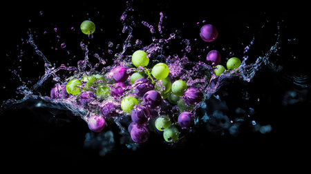 A cluster of grapes dropping into water with intense splashes, purple and green tones glowing against a black background.の素材