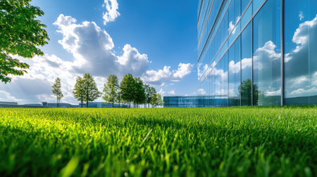 Vibrant green grass leading to a contemporary office building with a clean, glass facade. A few clouds in the sky.の素材