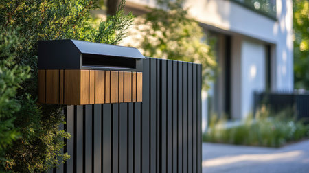 Two-tone modern mailbox in black and wood finish, mounted on the entrance gate of a stylish home.の素材