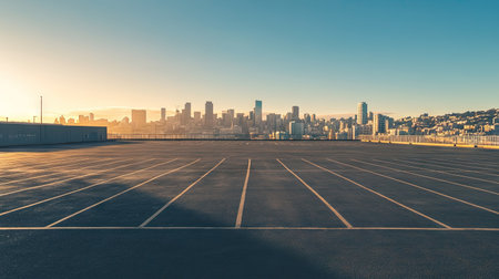 Wide parking area with city skyline in the background, warm sunlight casting long shadows across the empty spaces.の素材