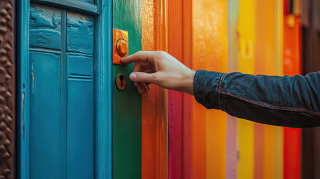 Young man's hand ready to knock on a brightly painted door, slight focus on the hand with blurred background.の素材