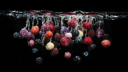 An assortment of colorful berries falling into water, with droplets and splashes frozen in time, highlighting natural beauty.の素材