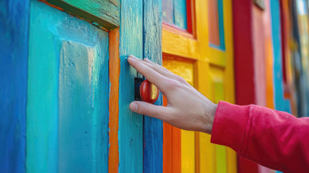 Young man's hand ready to knock on a brightly painted door, slight focus on the hand with blurred background.の素材
