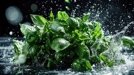 A bundle of fresh green herbs, like basil and parsley, hitting water with splashes and droplets frozen mid-air, showcasing their rich color.の素材