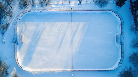 Aerial view of a large, empty rink, the fresh ice and rink lines showing an inviting yet serene space.の素材
