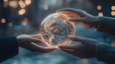 A close-up of hands touching a holographic globe with network lines, symbolizing global digital collaboration.の素材
