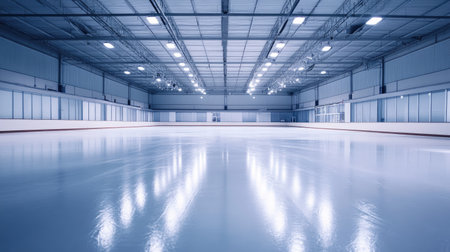 An empty skating rink with reflective ice and soft light, creating a peaceful, pristine atmosphere.の素材