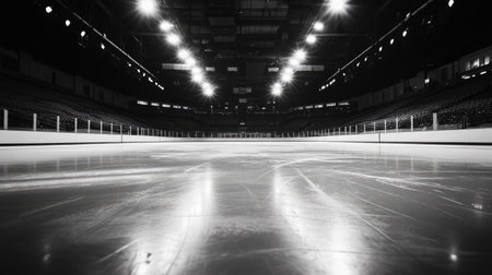 An empty ice rink under bright arena lights, with the smooth ice surface reflecting subtle shadows.の素材