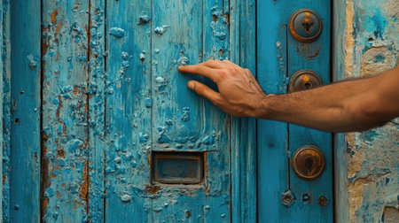 Young man's hand in mid-knock on a blue-painted door, textured paint and metal details in sharp focus.の素材