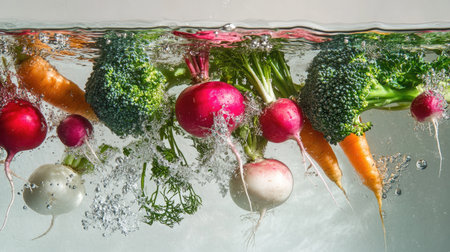 Assorted vegetables, including broccoli, radishes, and carrots, tumbling into clear water, with splashes capturing their bright, natural colors.の素材