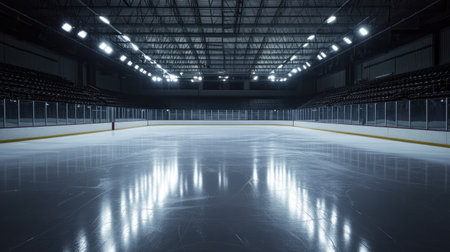 An empty rink with clear, fresh ice reflecting arena lights and darkened bleachers, awaiting players.の素材