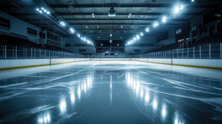 An empty rink with clear, fresh ice reflecting arena lights and darkened bleachers, awaiting players.の素材