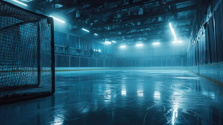 An empty ice rink with goal nets and fresh ice, captured under dim, atmospheric lighting.の素材