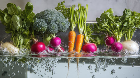 Assorted vegetables, including broccoli, radishes, and carrots, tumbling into clear water, with splashes capturing their bright, natural colors.の素材