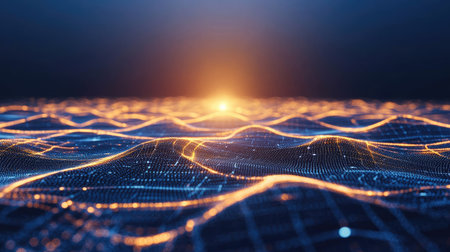 Abstract technology background with bright, connecting lines and dots, creating a futuristic network pattern on dark blue.の素材