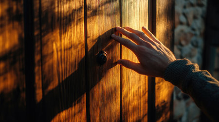 Close-up of a young man's hand raised to knock on a wooden door, softly lit background with subtle shadows.の素材
