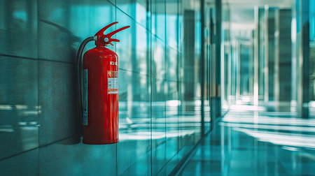 Fire extinguisher hanging on a glass wall in a modern office building, reflecting clean, sleek architecture.の素材