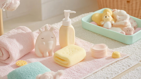 Assortment of baby bathing essentials gentle baby soap, sponge, washcloth, and lotion on a pastel towel.の素材