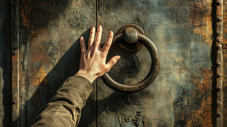 Young man's hand raised for a knock on a metal door with a large circular handle, textured background and shadows.の素材