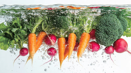 Assorted vegetables, including broccoli, radishes, and carrots, tumbling into clear water, with splashes capturing their bright, natural colors.の素材