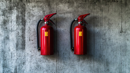 Two fire extinguishers hanging on a concrete wall, bold red contrasting with industrial gray surroundings.の素材