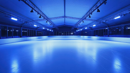 An empty skating rink illuminated with blue and white lights, with smooth ice ready for skaters.の素材