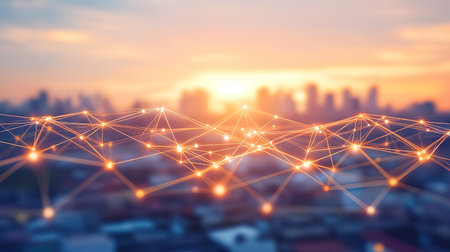 Abstract digital background of connected lines and dots forming a network, symbolizing data exchange and innovation.の素材