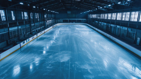 Aerial view of a large, empty rink, the fresh ice and rink lines showing an inviting yet serene space.の素材