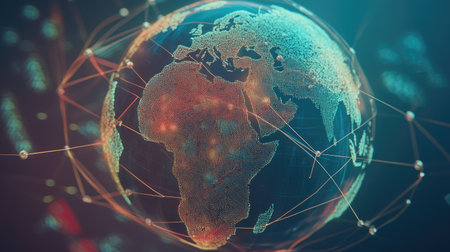 A D globe surrounded by interconnected lines and dots, illustrating the concept of a digital network connecting the world.の素材