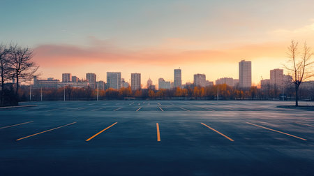 Quiet parking lot with painted spaces, overlooking a modern city skyline at dawn with warm golden tones.の素材