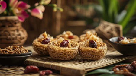 Raw edible bird nests arranged on a bamboo mat with traditional ingredients like dates and goji berries around.の素材