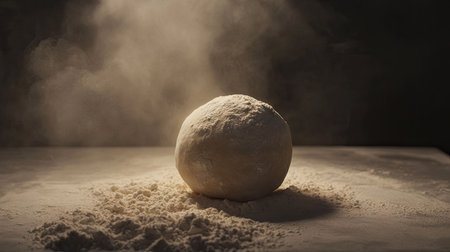 Round dough ball on a floured table, soft light from the side creating contrast on the rough texture.の素材
