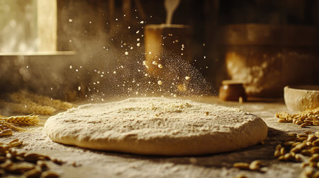 Raw dough flattened on a table, with a dusting of flour and wheat grains scattered around, warm lighting.の素材