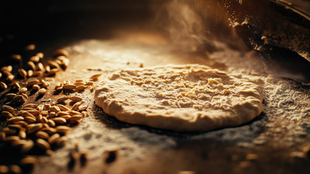 Raw dough flattened on a table, with a dusting of flour and wheat grains scattered around, warm lighting.の素材
