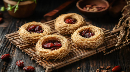 Raw edible bird nests arranged on a bamboo mat with traditional ingredients like dates and goji berries around.の素材