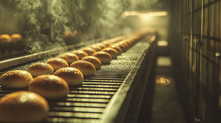Rows of golden bread rolls moving along a conveyor belt in a clean industrial production line, freshly baked and steaming.の素材