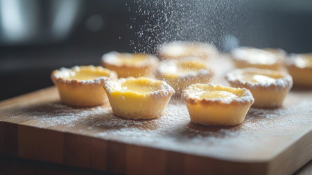 Row of egg custard tarts on a wooden board, dusted lightly with powdered sugar, glowing in natural light.の素材